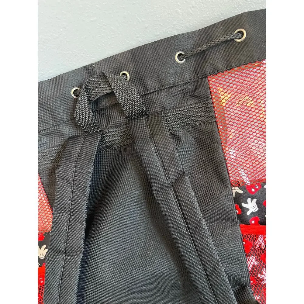 Mickey Mouse Disney Beach Mesh Bag Backpack Black Red Drawstring Ears Zipper